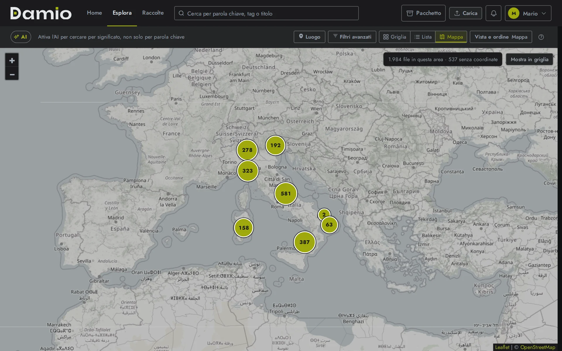 Vista mappa DAMIO con file geolocalizzati e dettaglio aperto